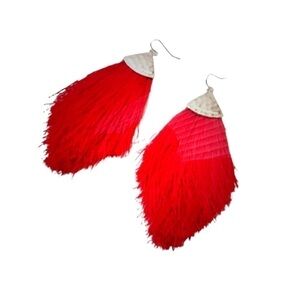 Women’s Boho Tassel Drop Earrings Rose Red with Gold Tone Trim.